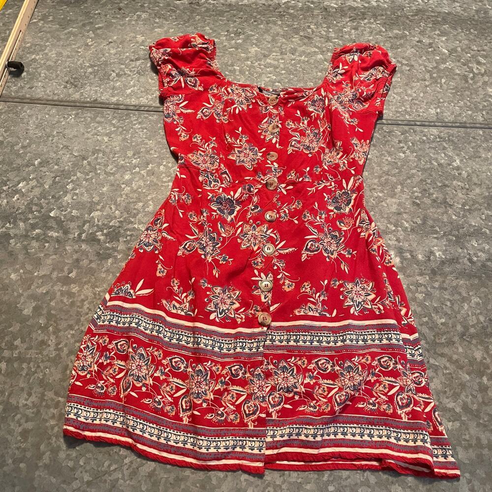 Angie Paisley Floral Button Front Mini Dress S/M Red White Blue Boho Western